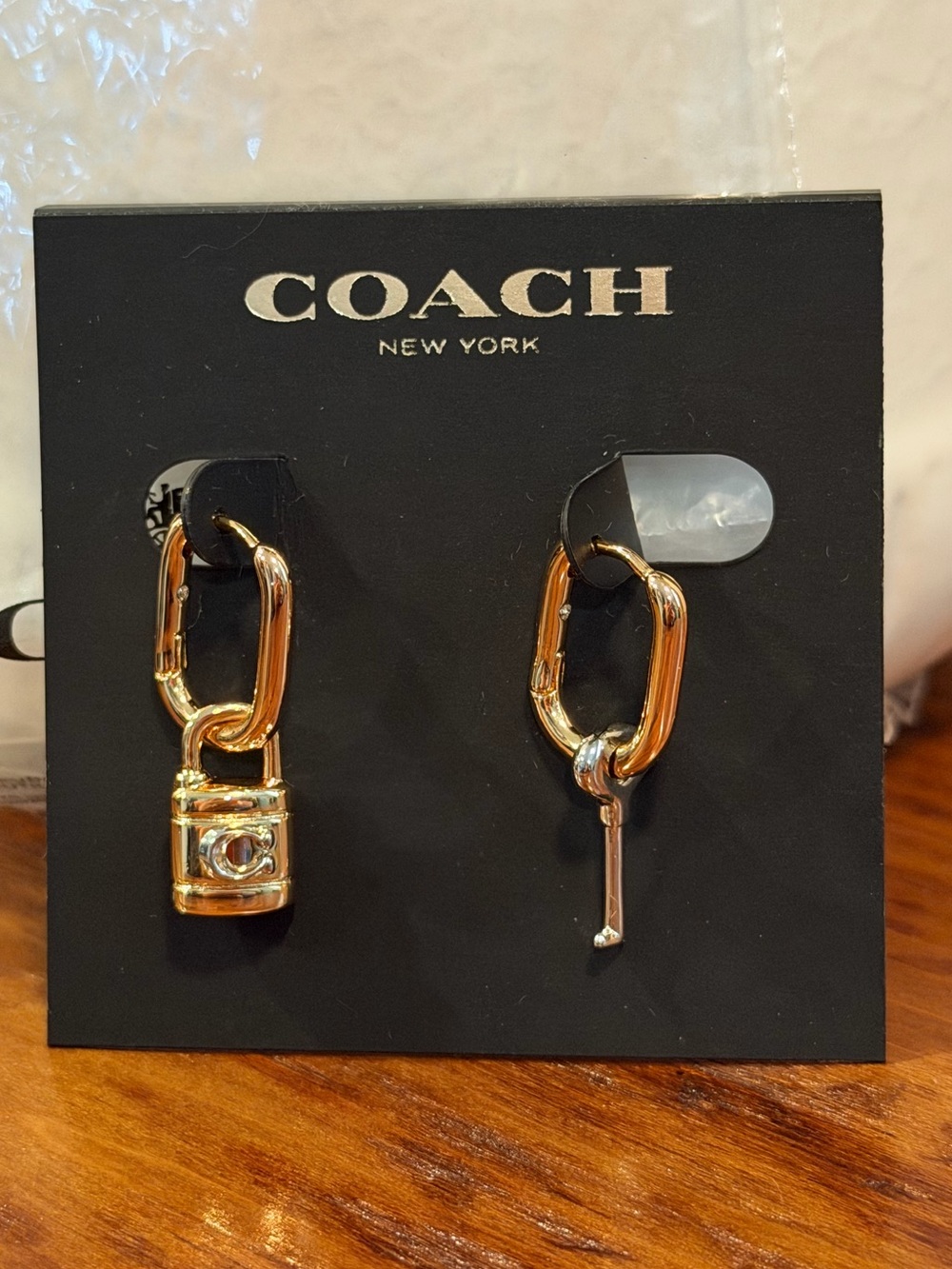 COACH Gold Padlock & Key Drop Hoop Earrings NWT